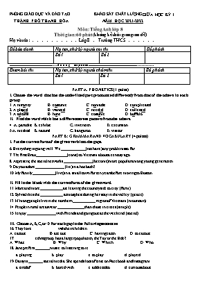 Đề khảo sát chất lượng giữa học kỳ I môn Tiếng Anh Lớp 8 - Năm học 2021-2022